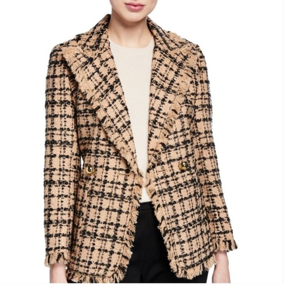 Kate Spade Tan Black Metallic Tweed Plaid Raw Hem Blazer 8 NWOT MSRP $428